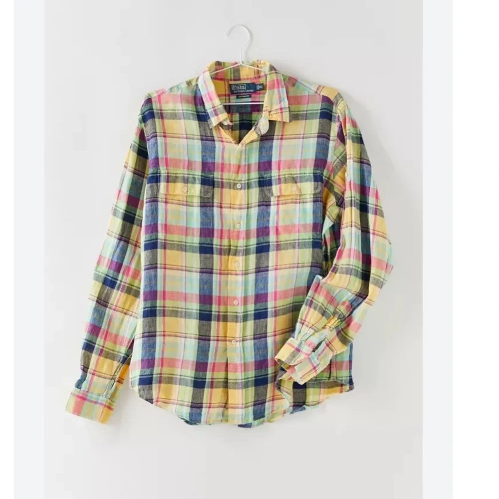 Polo Ralph Lauren Men's XL Plaid Linen Custom Fit Button Down Shirt Multicolored